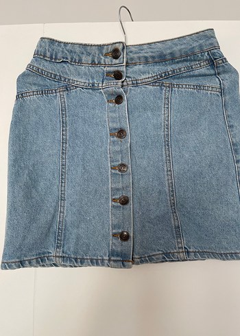 Düğmeli Mavi Denim Mini Etek