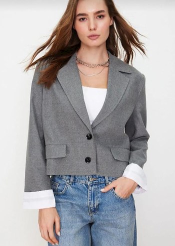 Gri Kısa Kesim Denim Blazer