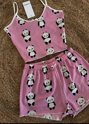 Pembe Panda Desenli Mini Kadın Pijama Takımı