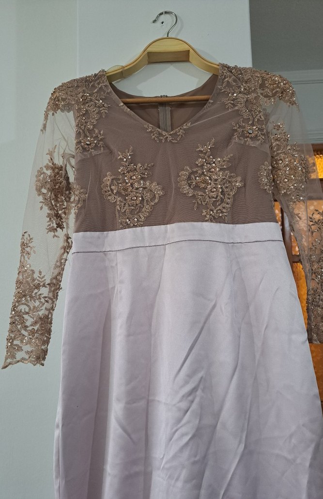 Dantel İşlemeli V Yakalı Uzun Abiye Elbise - Görsel 4