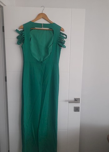 Uzun zümrüt yeşili Drapeli Kadın Ofis Elbisesi - Görsel 4