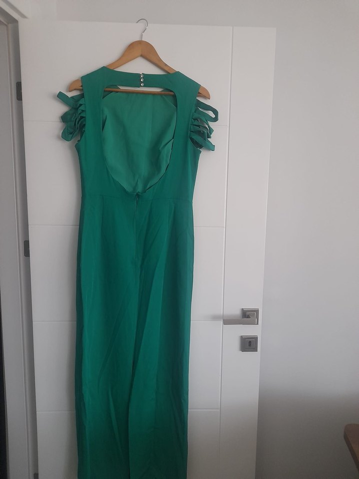 Uzun zümrüt yeşili Drapeli Kadın Ofis Elbisesi - Görsel 4