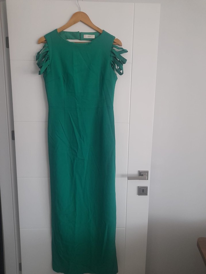 Uzun zümrüt yeşili Drapeli Kadın Ofis Elbisesi - Görsel 2