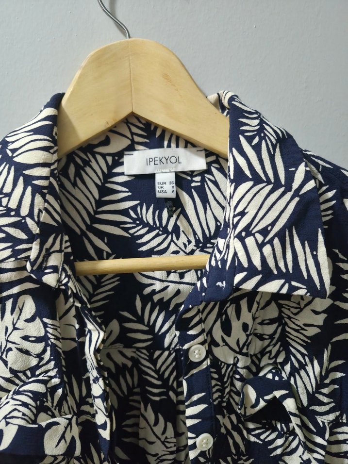 Lacivert Yaprak Desenli Uzun Bohem tulum - Görsel 3