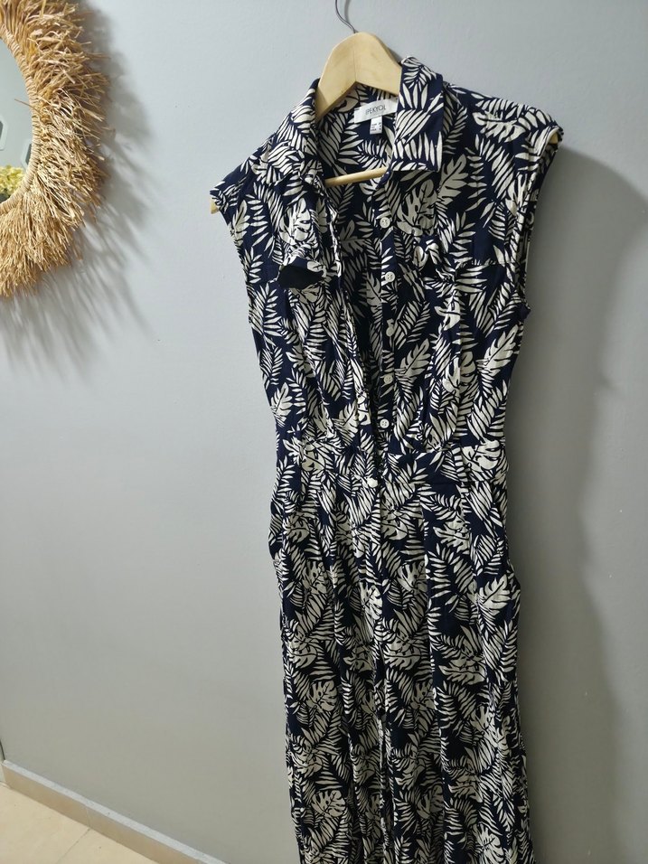 Lacivert Yaprak Desenli Uzun Bohem tulum - Görsel 2