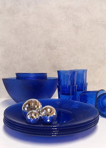 Parlak Mavi Cam Fransız Arcoroc Bardak/Tabak Seti - Görsel 2