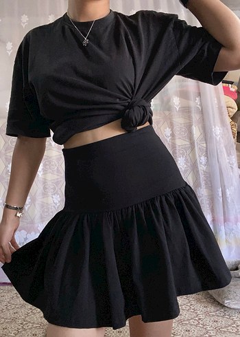 s Beden siyah Renk Kadın Siyah bel katlamalı şortlu mini etek