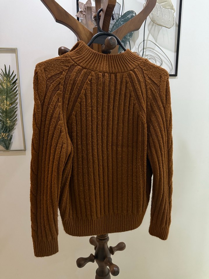 Yarım Fermuarlı Kahverengi Örgü Kazak - Görsel 3