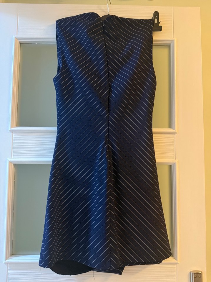 Lacivert Çizgili Drapeli Elbise - Görsel 4