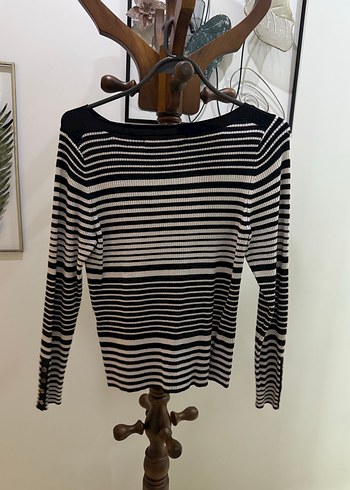 Çizgili Bej Siyah Triko Kadın Kazak - Görsel 2