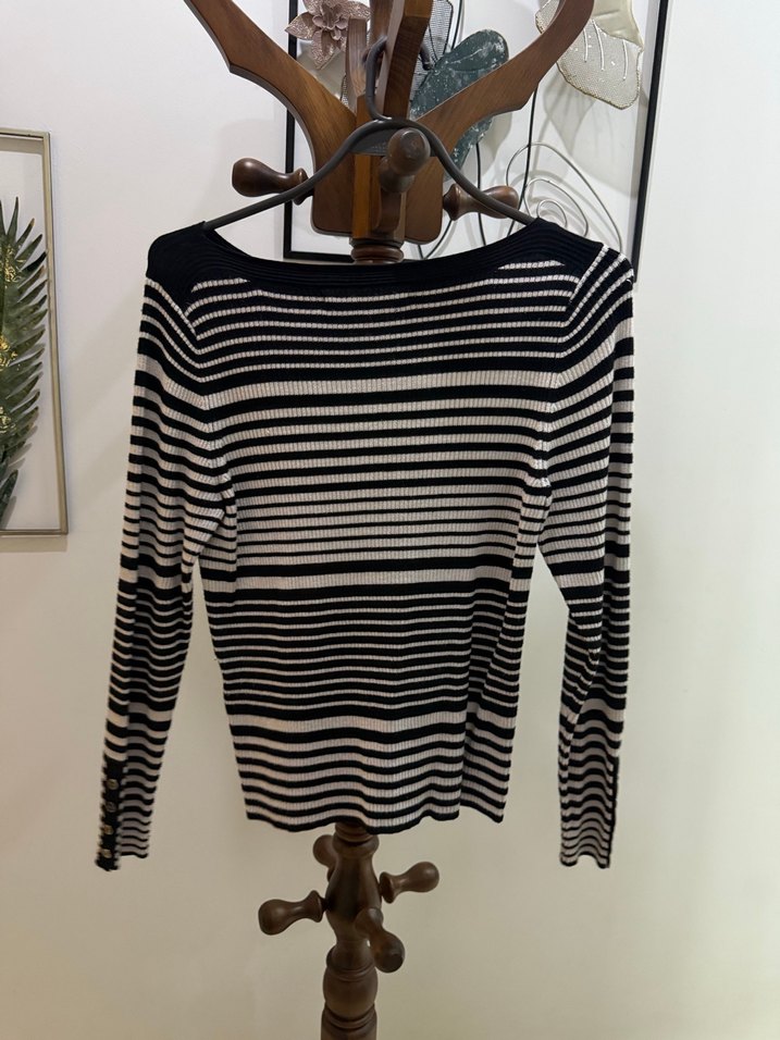 Çizgili Bej Siyah Triko Kadın Kazak - Görsel 2