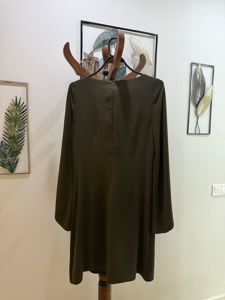 Uzun Kollu Haki Kadın Elbise - Görsel 4