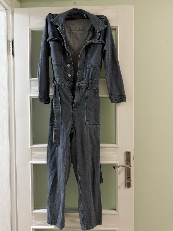 Gri Denim Kadın Uzun Tulum - Görsel 2