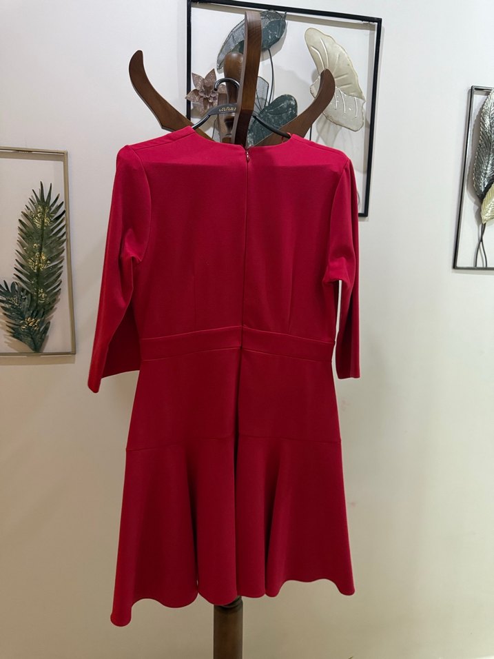 Kırmızı V Yakalı Midi Kadın Abiye Elbise - Görsel 3