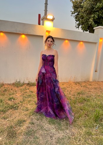 Mor Drapeli Uzun Straplez Bohem Gelinlik - Görsel 3