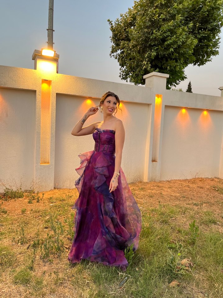 Mor Drapeli Uzun Straplez Bohem Gelinlik - Görsel 2