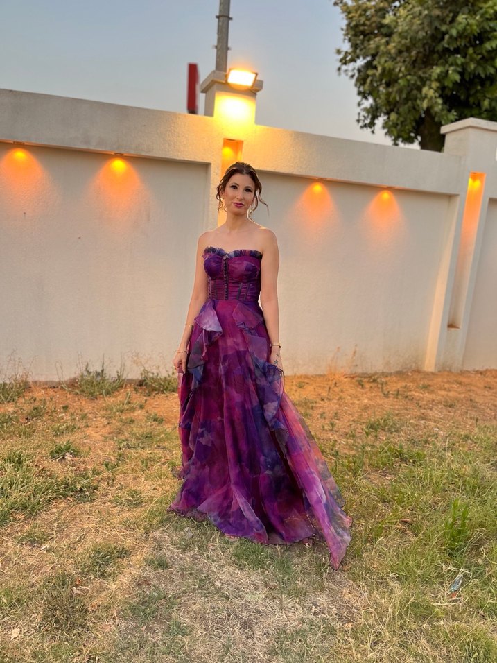 Mor Drapeli Uzun Straplez Bohem Gelinlik - Görsel 3