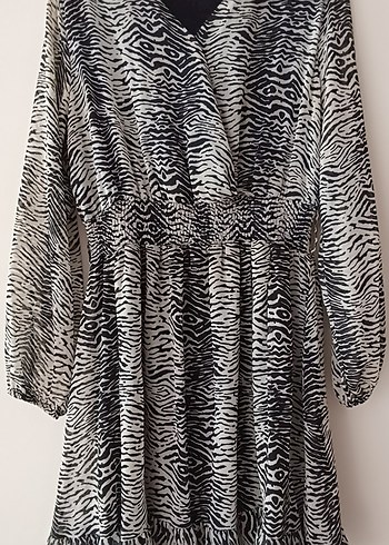 Zebra Desenli Uzun Kollu Midi Bohem Elbise