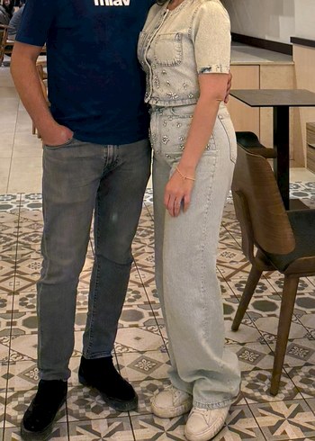 Diğer Düğmeli Gri Batik Desenli Kadın Jean ve Jean Ceket
