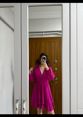 Pembe Midi V Yaka Uzun Kollu Elbise