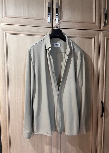 Bej Erkek Keten Gömlek, Uzun Kollu, Düğmeli - Görsel 3