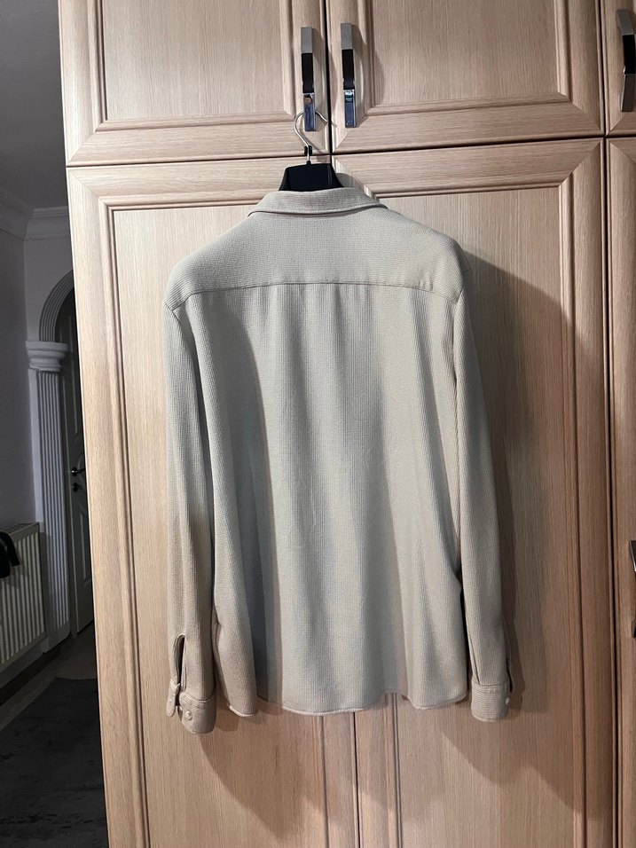 Bej Erkek Keten Gömlek, Uzun Kollu, Düğmeli - Görsel 5