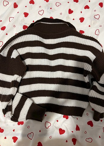 Kahverengi Beyaz Çizgili Örgü Kazak - Görsel 3