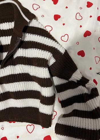 Kahverengi Beyaz Çizgili Örgü Kazak - Görsel 4