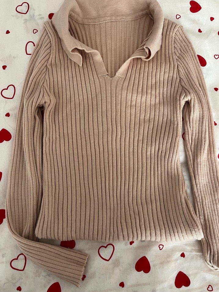 Bej V Yakalı Kadın Triko Kazak - Görsel 2