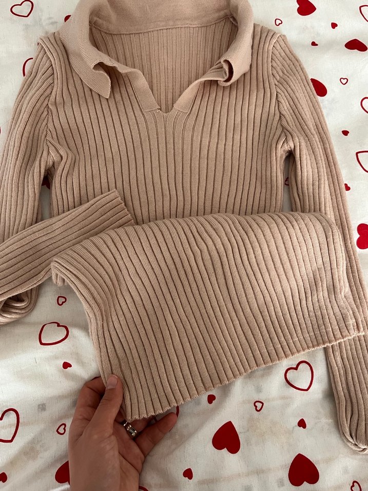 Bej V Yakalı Kadın Triko Kazak - Görsel 5