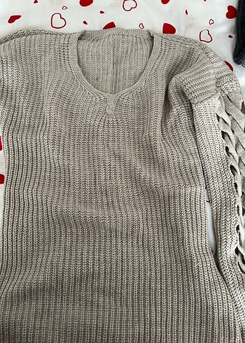 Gri V Yaka Örgü Kadın Kazak - Görsel 2
