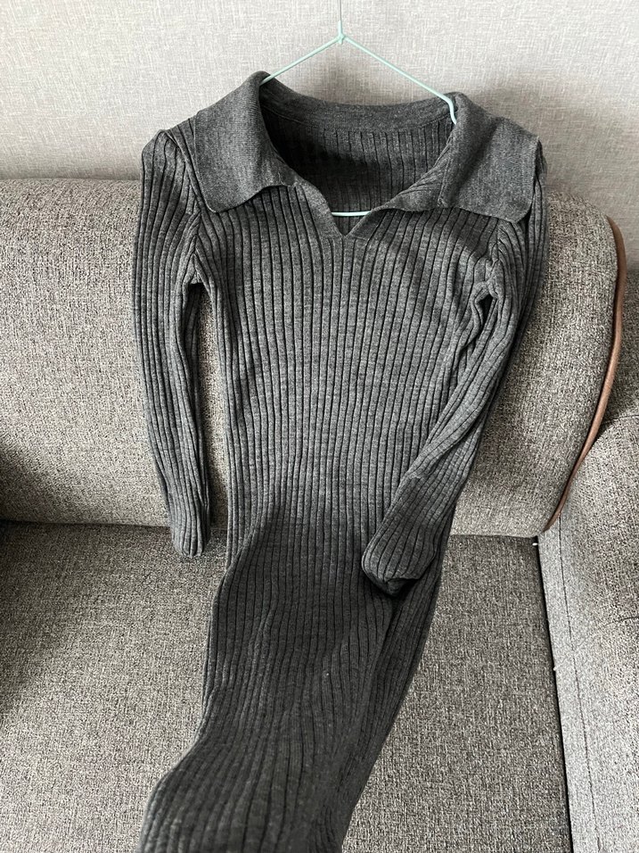 Gri Fitilli Kadın Triko Elbise - Görsel 2