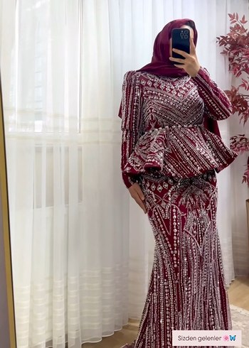 Bordo Uzun Abiye Elbise Yüksek Yakalı