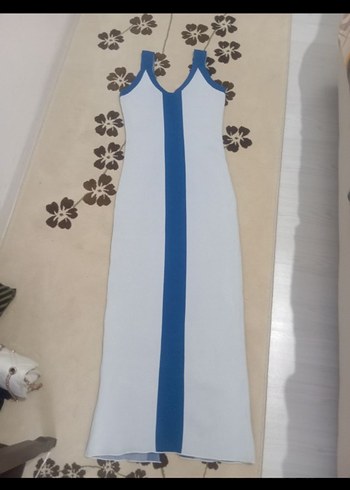 Diğer Mavi Beyaz V Yakalı Uzun Elbise