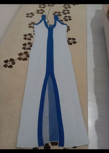 l Beden Mavi Beyaz V Yakalı Uzun Elbise
