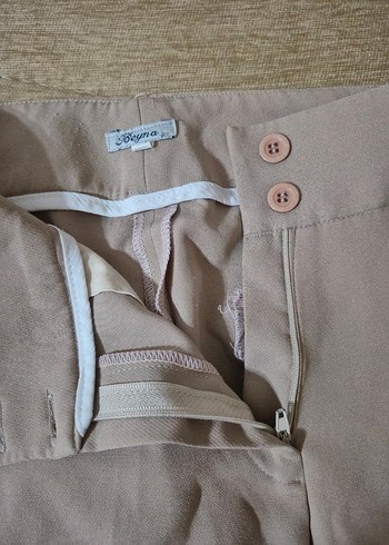 Bej Düğmeli Kadın Keten Kumaş Pantolon - Görsel 2