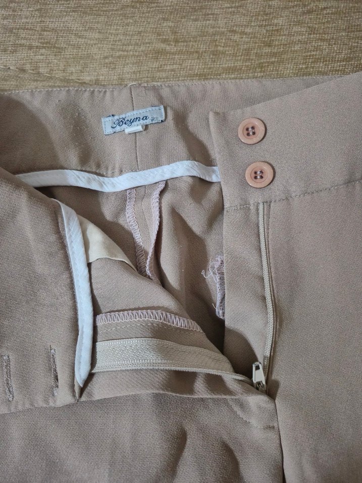 Bej Düğmeli Kadın Keten Kumaş Pantolon - Görsel 2