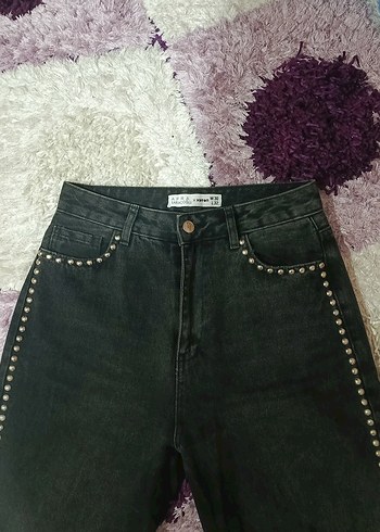 Pul İşlemeli Siyah Denim Kadın Pantolon - Görsel 2