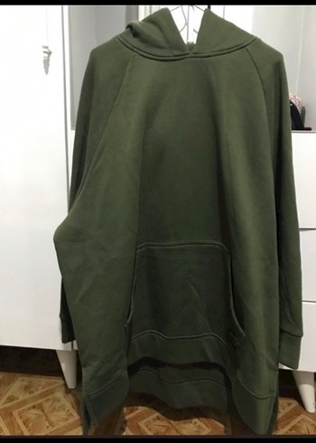 Kadın Haki Midi Sweatshirt Kapüşonlu