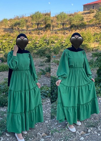 Yeşil Uzun Bohem Fırfırlı Elbise