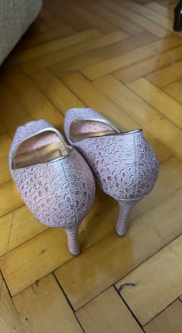 Pembe Yılan Desenli Yüksek Topuklu Dantelli Ayakkabı - Görsel 3
