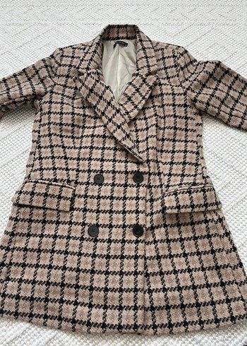 Düğmeli Kahverengi Ekose Midi Kadın Blazer