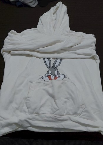 Bugs Bunny Baskılı Beyaz Kapüşonlu Sweatshirt