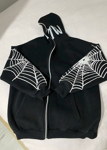 Nakışlı Örümcek Ağı Detaylı Siyah Kapüşonlu Sweatshirt