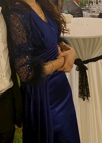 s Beden Lacivert Drapeli Uzun Balıkçı Abiye Elbise