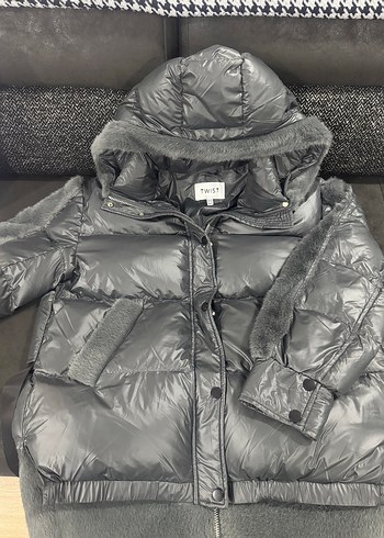 Gri twist yumuşacık Midi Kışlık Kadın Mont - Görsel 9