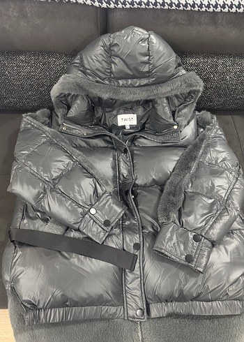 Gri twist yumuşacık Midi Kışlık Kadın Mont - Görsel 10