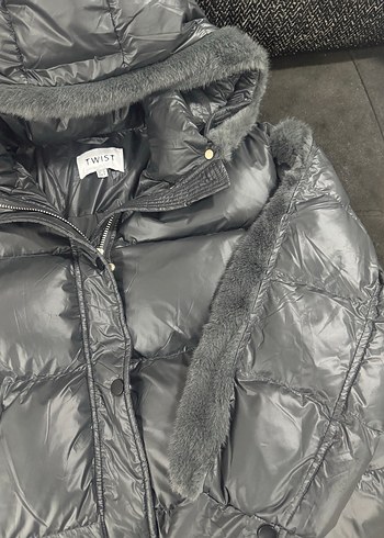 Gri twist yumuşacık Midi Kışlık Kadın Mont - Görsel 4
