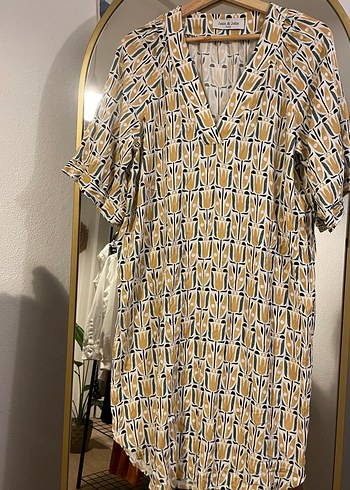 Desenli Sarı Tunik, V Yakalı, Midi Boy