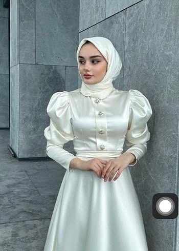 Diğer Uzun Kollu Beyaz Saten Düğmeli Ekru Abiye Ella Elbise